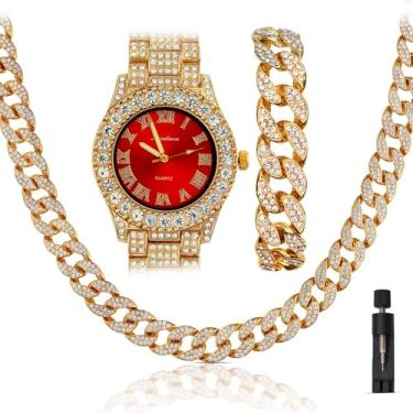 Imagem de ICEDTAG Iced Out 44 mm mostrador colorido banhado a ouro grande diamante numereral romano, corrente de colar com elos cubanos gelados, corrente de colar de 45 cm, conjunto de presente brilhante de