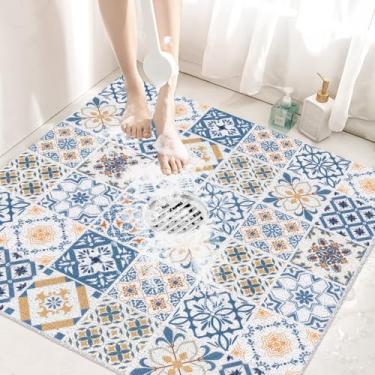Imagem de Tapetes de chuveiro quadrados antiderrapantes: tapetes de chuveiro antiderrapantes grandes de 81 × 81 cm para chuveiro interno com orifício de drenagem no meio, tapetes de banho de bucha de PVC macio