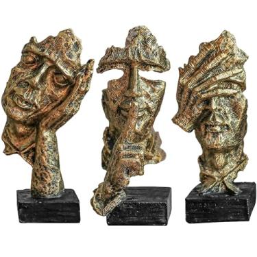 Imagem de XYQXYQ 3 peças de estátua de pensador, silêncio é ouro, estatueta de arte abstrata, decoração de objetos decorativos de resina moderna para casa, escritório, estante de mesa, sem ouvir, não vê, não