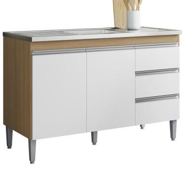 Imagem de Balcão Pia Sem Tampo 2 Portas 3 Gavetas 116 Cm Andreia Amendoa Branco Reajl Moveis
