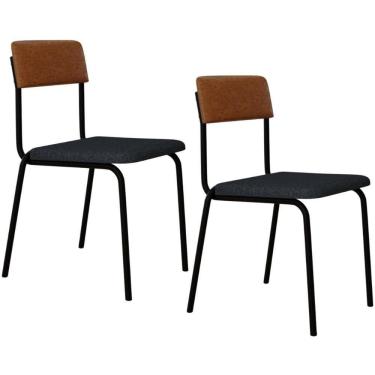 Imagem de Kit 02 Cadeiras Estofada Para Sala De Jantar Sense Preto C01 Linho Cinza Courino Caramelo - Lyam Decor