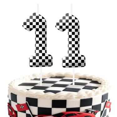 Imagem de Velas de aniversário número 11 de carros de corrida, preto e branco, topo de bolo com tema de bandeira quadriculada para meninos e meninas, decorações de bolo para aniversários, suprimentos de festa