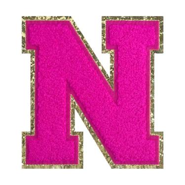 Imagem de 1 PÇ Patch de letra de chenille rosa de 11,4 cm com borda dourada – Remendos do alfabeto para roupas, jaquetas, mochilas, chapéus para decoração personalizada, nome personalizado e artesanato. (N)