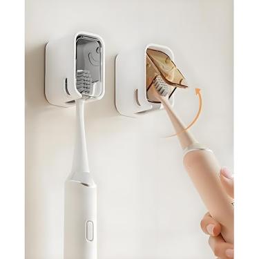 Imagem de Suportes de escova de dentes com capa para chuveiro de banheiro - 2 peças espelho autoadesivo montado na parede inovador slot único à prova de poeira dispensador de escova de dente elétrico