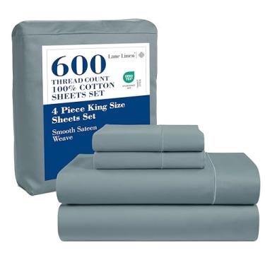 Imagem de LANE LINEN Lençóis King Size King Size 600 fios de fibra longa 100% algodão, tecido de cetim macio e sedoso, durável para uso diário, bolso profundo de 38 cm totalmente elástico – azul francês