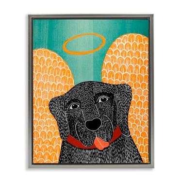 Imagem de Stupell Industries Arte de parede em tela flutuante preta com anjo de cachorro com asas amarelas, design de Stephen Huneck, 53 x 43 cm