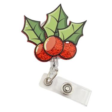Imagem de Carretel de crachá retrátil de azevinho de Natal com glitter design festivo fofo porta-identidade clipe jacaré para temporada de férias, acessórios para enfermeiras, funcionários de escritório e