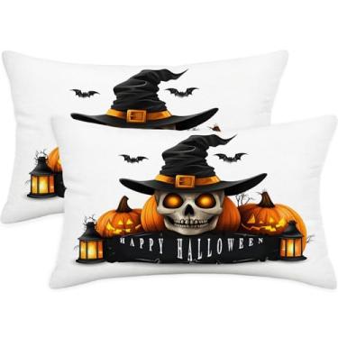 Imagem de Conjunto de 2 capas de almofada lombar de Halloween com caveira dupla face de 30 x 50 cm com chapéu de bruxa e design de abóbora, fronhas rústicas de outono para sofá-cama, decorações assustadoras de