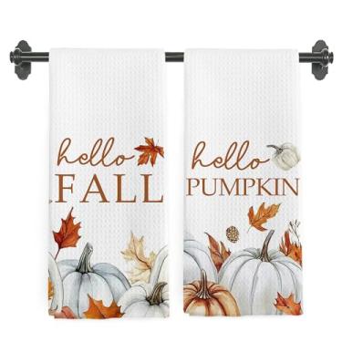 Imagem de nvucamd Toalhas de cozinha de abóbora branca de outono, toalhas de mão de abóbora de fazenda Hello Fall para decoração de banheiro, Dia de Ação de Graças, outono, abóboras, prato, toalha de chá para