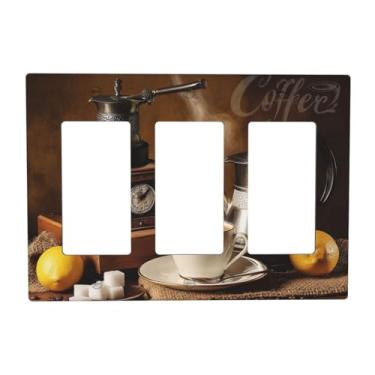 Imagem de VGHOKO Capas de tomada decorativas com café vintage rústico xícara de café e design de feijão placa de parede de 3 grupos capa de interruptor de luz triplo para decoração de cozinha