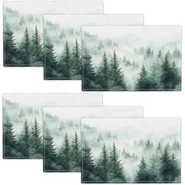 Imagem de Jogo americano de floresta enevoada, conjunto de 6 tapetes de paisagem de árvore verde, tapetes de mesa de jantar rústicos de montanha, jogo americano lavável para cozinha, sala de jantar, 45,7 cm x