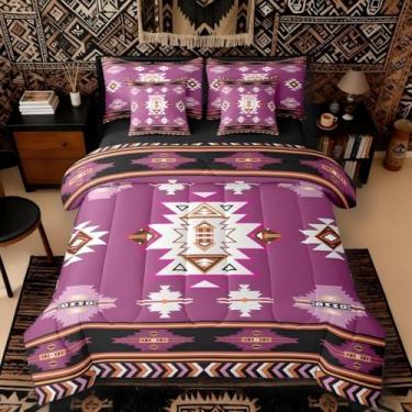 Imagem de Erosebridal Conjunto de edredom ocidental 7 peças cama em uma bolsa solteiro | Conjunto de cama geométrico boêmio decoração boêmia, conjunto de edredom e lençol asteca, étnico tribal flecha, roxo