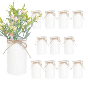 Imagem de Vasos de fazenda de 15 cm de altura para peça central, potes rústicos com laço de barbante para flores, balde de metal galvanizado vintage para decoração de casa de casamento (branco, 12 peças)