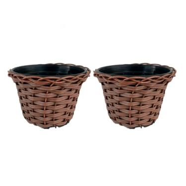 Imagem de Vasos Cachepot Trançado Marrom Fibra Sintética Vime - Conjunto Boho Chic para Sala, Varanda e Jardim, Fibra Sintética, Decoração Natural(KIT 2 VASOS)