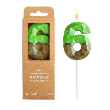 Imagem de PHD CAKE Velas de aniversário de 6 pixels, número de 6 pixels, velas verdes com número de mineiro, velas com número de bolo, celebração de festa, vela estilo