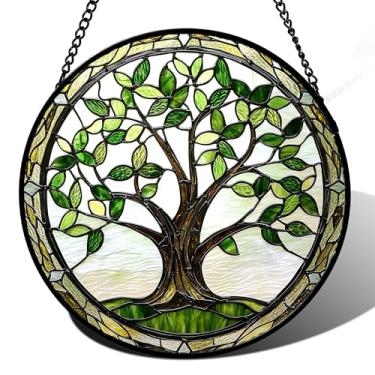 Imagem de AMDERVEN Vitral para pendurar - tronco de árvore marrom, folhas verdes, apanhador de sol para porta, jardim, decoração de casa, planta, apanhador de sol, Natal, Dia das Mães, presentes de aniversário
