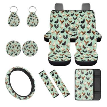 Imagem de gearider Rooster Conjunto de 12 peças de capas de assento de carro + porta-copos + chaveiros + capa de volante automotivo de 38 cm + almofada de cinto de segurança + capa de apoio de braço para homens