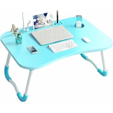 Imagem de Mesa de cama portátil para laptop, mesa de colo para notebook, suporte de leitura com porta de carregamento USB/suporte de copo/caneta para/sofá/sofá, mesa de computador dobrável, eficiência (azul)