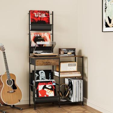 Imagem de Welfuturer Suporte para toca-discos com armazenamento de vinil para toca-discos de 300 álbuns, com gaveta, suporte de disco de 4 camadas, prateleira de exibição e rack de armazenamento lateral, mesa