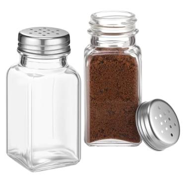 Imagem de Yiyiring Conjunto retrô de saleiro e pimenteiro, pequeno, vintage, vidro transparente, saleiro e pimenteiro com tampas de aço inoxidável para casa, restaurantes, cozinhas (estilo quadrado, 9 x 4 cm)