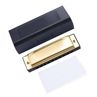 Imagem de Gaita dourada de 10 furos diatônica de latão diatônico harpa instrumento musical para iniciantes