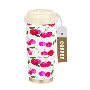 Imagem de SEHANY Caneca de viagem de cereja fofa de 482 g Copos de café reutilizáveis revestidos de cerâmica com tampa à prova de vazamento, parede dupla, isolamento a vácuo, copo de café de aço inoxidável para
