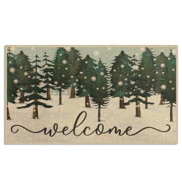 Imagem de Arttown Tapete de Natal para ambientes externos, pinheiros, bem-vindos, interiores, fronteiras, inverno, capacho de entrada, antiderrapante, absorvente, resistente à sujeira, tapete para entrada 43 x