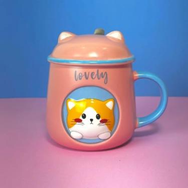 Imagem de Caneca Porcelana 3D com Tampa e Colher Gatinho Rosa
