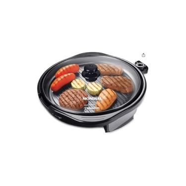 Imagem de Grill Elétrico Redondo Premium com Termostato, 40cm, 1200W, 220V, Antiaderente, Preto, com Bandeja Coletora