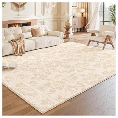 Imagem de SPXMQSS Tapetes grandes para sala de estar, bege, floral, lavável, tapete macio, antiderrapante e resistente a manchas para quarto, sala de estar, quarto, sala de jantar E 200 x 300 cm