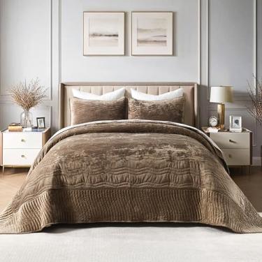 Imagem de AJOCCI Conjunto de edredom de veludo California King Size, tamanho grande, marrom mocha (299 x 269 cm) com 2 fronhas, conjunto de colcha luxuoso, 3 peças para todas as estações