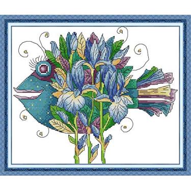 Imagem de CrossNest Kit de ponto cruz com contagem de animais de 14 quilates para iniciantes, conjunto completo de bordado DIY não impresso com padrão e ferramentas, pano Aida premium e fios (peixe bonito)