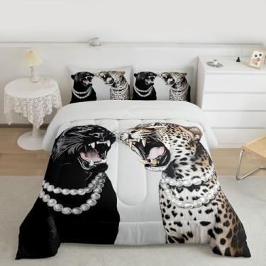 Imagem de Jogo de cama vintage, guepardo infantil, tamanho Queen, leopardo, animal selvagem, decoração de quarto de meninas e meninos, edredom retrô estético da vida selvagem, conjunto de edredom cinza e preto