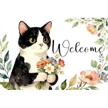 Imagem de kaiwern Capacho de gato floral para gatos, tapete de boas-vindas engraçado, tapetes de entrada ao ar livre, tapetes decorativos de animais fofos para entrada externa, sala de estar, decoração de