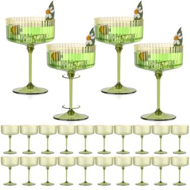 Imagem de 24 peças de taças de champanhe de plástico com borda dourada verde sálvia com nervuras cupê de 293 ml copo de martini expresso destacável vintage Margarita conjunto de copos de coquetel para chá de