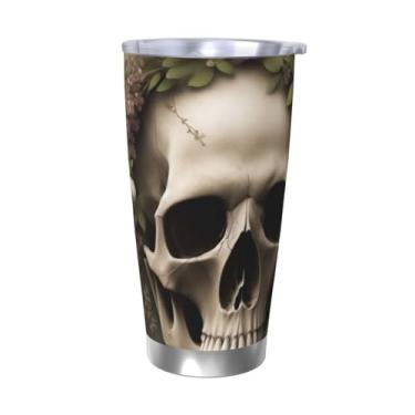 Imagem de Zeraoke Caneca com tampa de palha de aço inoxidável com estampa de flores de caveira de 590 ml, caneca de canudo de carro, mantém as bebidas frias para escritório, casa, funciona muito bem para