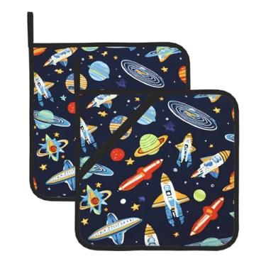 Imagem de Conjunto de tapete de panela quadrado resistente ao calor com foguete de astronauta, 2 peças antiderrapantes com alças para pendurar, para balcão de cozinha e proteção de mesa de jantar.