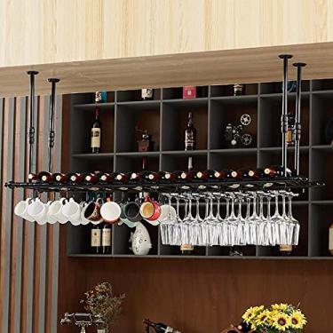 Imagem de APUM Rack de vinho de teto de metal vintage, altura ajustável, suporte de taças de cálice, suporte de garrafa de vinho, restaurantes/bares/prateleira decorativa de teto doméstico
