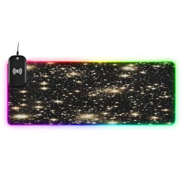 Imagem de CEBUGI Sparkling Stars Mouse Pad de carregamento sem fio 15 W rápido para jogos com 14 iluminação LED RGB para jogos, MacBook, PC, laptop, mesa | 80 x 30 cm