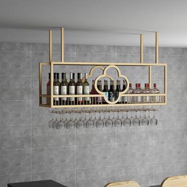 Imagem de GKPSSURV Rack de exibição de vinho moderno montado na parede rack de vinho de teto, prateleiras de parede flutuantes de bar industrial, rack de vinho suspenso com suporte de copo de vinho, rack de