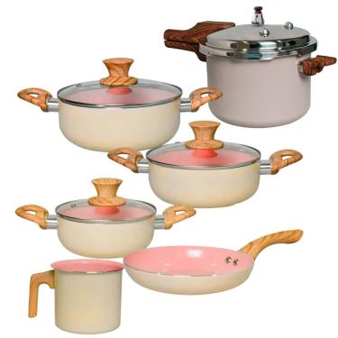 Imagem de Jogo de Panelas  e Panela de Pressão Antiaderente de Indução Revestimento Cerâmica Verona Bege 6 Peças - Rio Home