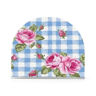 Imagem de Qilmy Porta-guardanapos para mesas, porta-guardanapos rosa xadrez de flange azul para cozinha, porta-guardanapos de mesa, porta-guardanapos de coquetel, porta-guardanapos de papel470