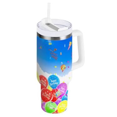 Imagem de Kigai Copo de 850 g com alça, copos isolados com balão de aniversário com tampa e canudo, garrafa de água esportiva grande de metal, caneca de café de viagem de aço inoxidável