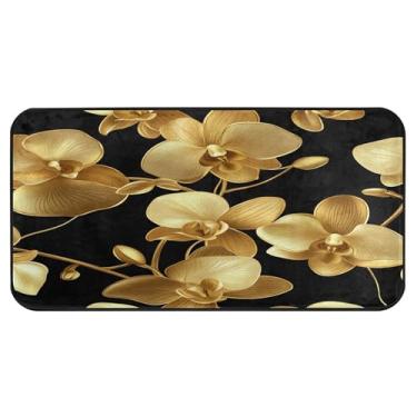 Imagem de Burbuja Tapete de cozinha com flores de orquídea douradas 51 x 99 cm, tapete lavável antiderrapante com suporte de borracha, tapete para cozinha, sala de estar, banheiro, decoração de casa