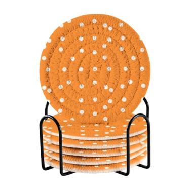 Imagem de STAYTOP 6 peças de porta-copos com suporte, bolinhas brancas com fundo laranja base absorvente de algodão para decoração de mesa de café, acessórios de bar