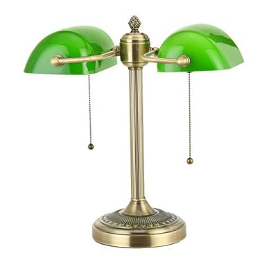 Imagem de Newrays Lâmpada de mesa de vidro de cabeça dupla verde com interruptor de corrente de tração e tomada para biblioteca, escritório, café