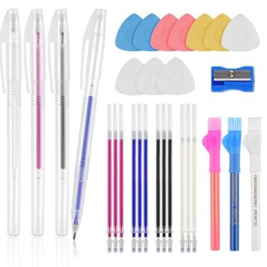 Imagem de Okxiri Kit de marcadores de tecido para costura e estofamento - 10 gizes de alfaiate, 4 canetas apagáveis a calor com refis e 3 lápis de tecido solúvel em água, suprimentos de acessórios de costura