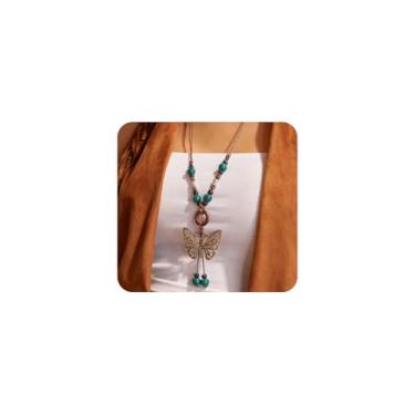 Imagem de Navirix Colar longo de borboleta boho, joia hippie, contas de madeira de cerâmica vintage, colar em Y para mulheres, cordão turquesa boêmio, corrente de corda, Large, Liga de aço, Sem Pedra Preciosa
