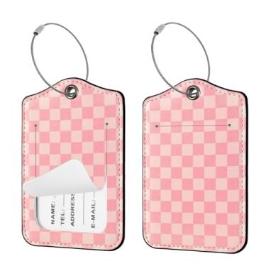 Imagem de Seorsok 2 peças de etiquetas de viagem para malas, linda etiqueta de nome de couro PU quadriculada rosa com capa de privacidade e etiqueta de identificação, cartão de endereço e anel de metal durável