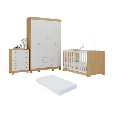 Imagem de Quarto De Bebê Completo Berço Americano 3 Em 1 Colchão Allegra Multimóveis MP4602 Madeirado-branco